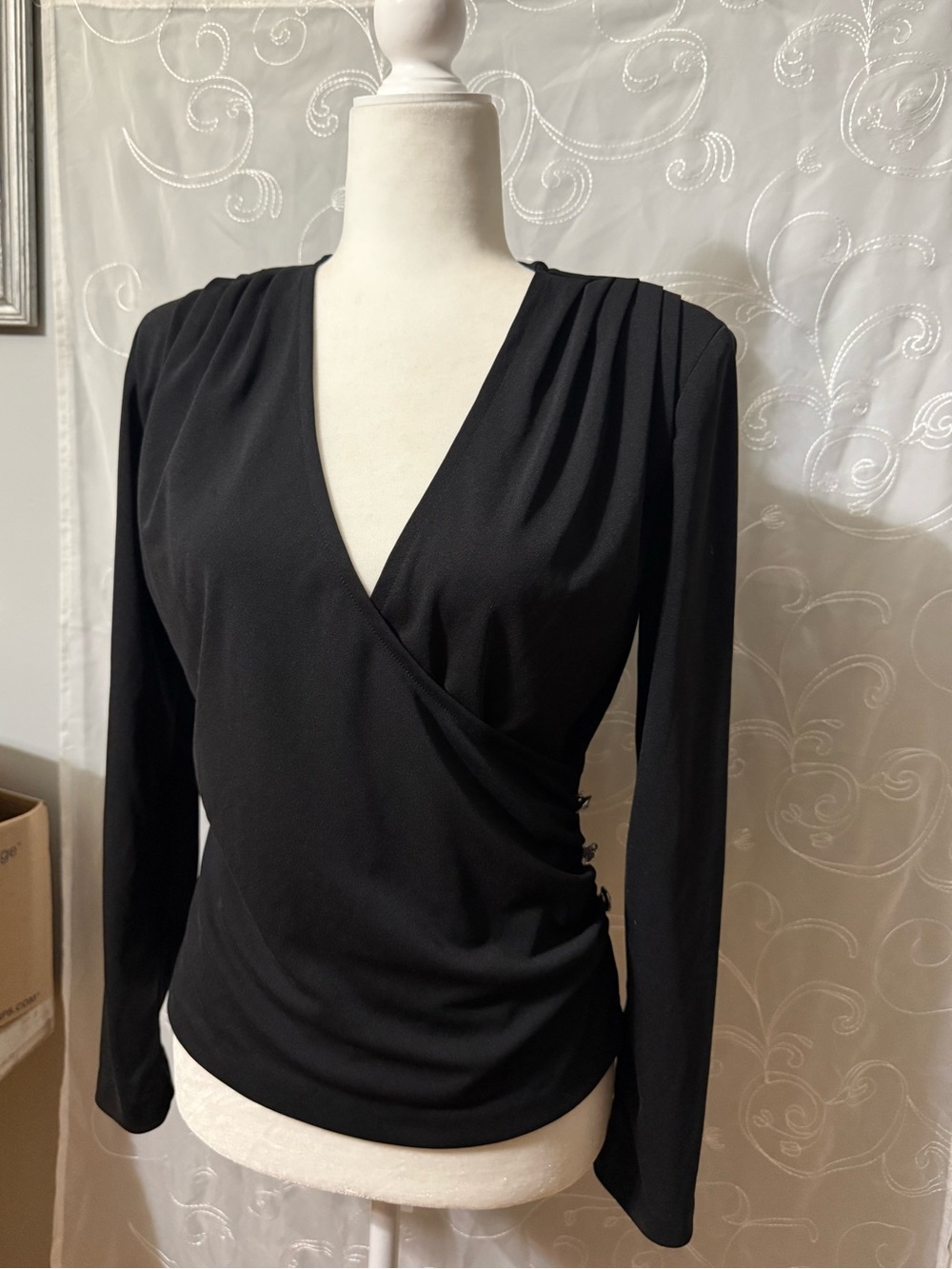 Women's Black Wrap Front Long-Sleeve Top